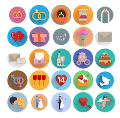 love flat icon set with long shadow with wedding icons, love doves, love couple, love message