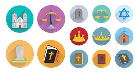 Fototapeta premium religion flat icon set with long shadow holy bible, church, grave, libra
