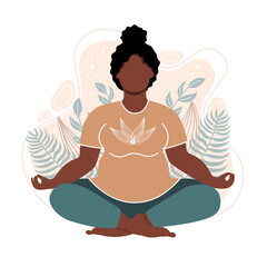 Plus size african american woman meditating and sitting in lotus on the natural background. Attractive overweight girl. Concept illustration for yoga, meditation, relax. Vector flat illustration