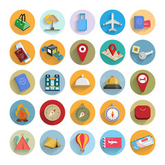 Traveling and transport Flat icon set with long shadow hotel, compass, maps, reception call, plane ticket, boarding pass, camping tent, hot air balloon