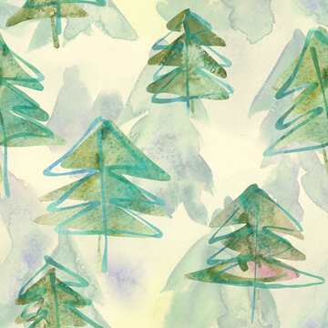 Fir Trees Seamless Pattern. Watercolor Background.
