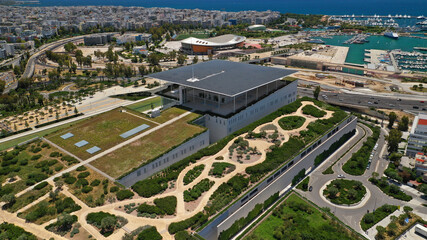 Aerial drone photo of famous public landmark Cultural Centre and Foundation Park od Stavros Niarhos in Faliro or Phaliro area, Athens riviera, Attica, Greece