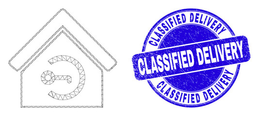 Fototapeta premium Web mesh home keyhole pictogram and Classified Delivery seal. Blue vector round grunge seal stamp with Classified Delivery text.