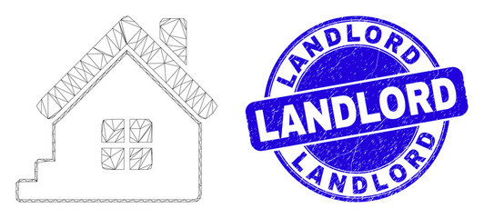 Web carcass home icon and Landlord seal. Blue vector round grunge seal with Landlord phrase. Abstract carcass mesh polygonal model created from home pictogram.