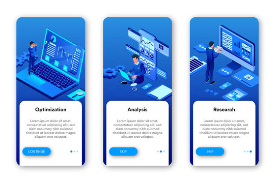 Editable Marketing Strategy onboarding. Set of Welcome screen mobile app interface. Isometric Business Marketing Strategy steps. Vector