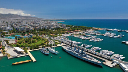 Fototapeta na wymiar Aerial drone photo of famous Marina of Faliron with anchored yachts, Athens riviera, Attica, Greece