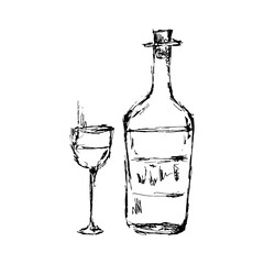 Vector botlle and wine glass, alcohol, line art, doodle, minimalistic picture, poster, postcard.