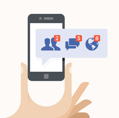 Human hand holding mobile phone with social network (Facebook) icons - Friends, Messages (Chats, Comments) and Notifications on screen. Idea - Internet friendship and communication, Online messaging.