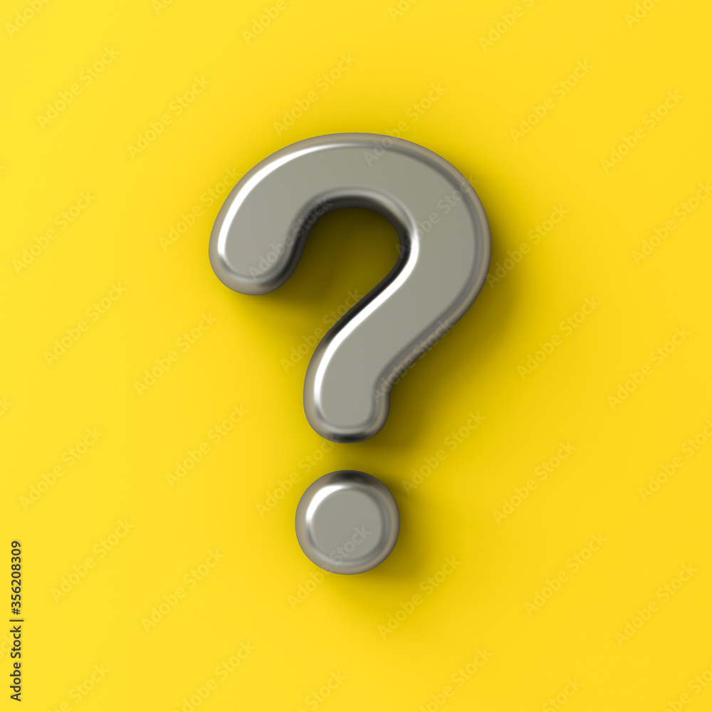 Poster metal silver question mark isolated on yellow color background with shadow 3d rendering