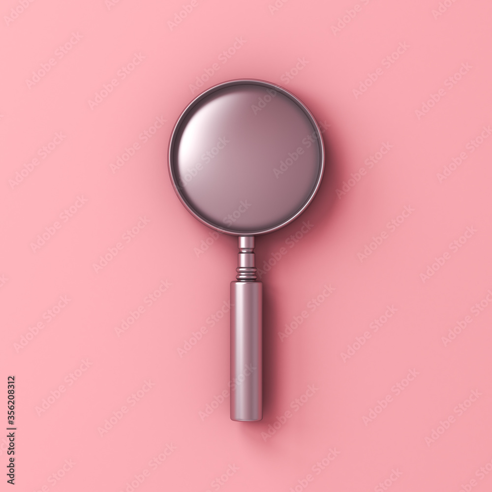 Poster Metal silver magnifying glass isolated on pink pastel color background with shadow 3D rendering