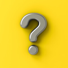 Metal silver question mark isolated on yellow color background with shadow 3D rendering