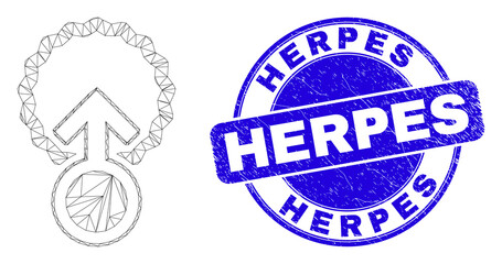 Web mesh insemination pictogram and Herpes seal stamp. Blue vector round scratched seal stamp with Herpes message. Abstract frame mesh polygonal model created from insemination pictogram.