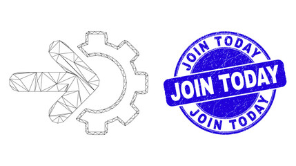 Web carcass integration gear icon and Join Today seal stamp. Blue vector round textured seal stamp with Join Today phrase. Abstract carcass mesh polygonal model created from integration gear icon.