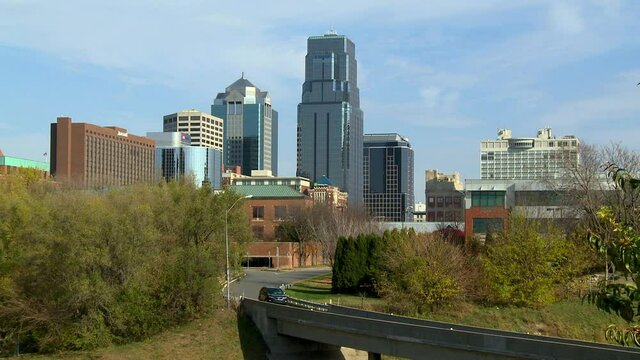 Kansas City skyline in the spring time, with very light traffic due to Covid-19.