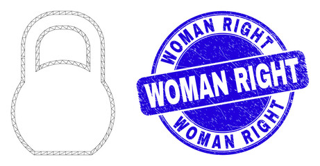 Web mesh iron pound icon and Woman Right seal stamp. Blue vector rounded distress seal with Woman Right title. Abstract carcass mesh polygonal model created from iron pound icon.