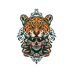 Jaguar and skull, hand drawn line with digital color, vector illustration © Amillustrated