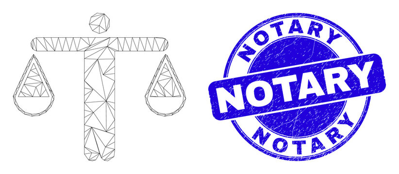 Web carcass judge pictogram and Notary watermark. Blue vector rounded textured watermark with Notary text. Abstract frame mesh polygonal model created from judge pictogram.