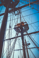 Old ship mast and sail ropes detail