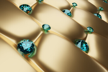 Blue diamonds on soft golden material - 3D render illustration