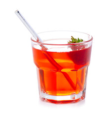 Fototapeta na wymiar Glass of red compote juice with strawberry, cocktail straw on white background isolation