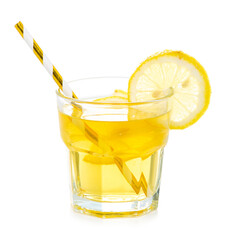 Glass of lemonade water with lemon, cocktail straw on white background isolation