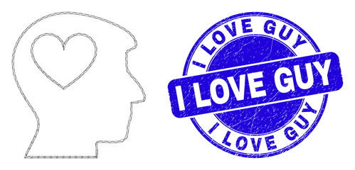 Web mesh lovely heart man head pictogram and I Love Guy stamp. Blue vector round textured stamp with I Love Guy text.