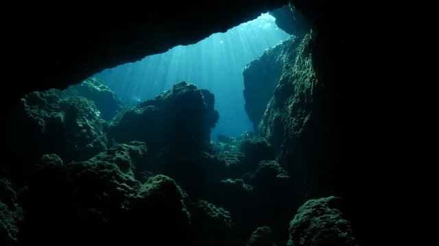 underwater caves and tunnels with nice lightning  sun rays and sun beams relaxing ocean scenery backgrounds