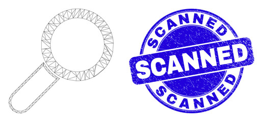 Web mesh magnifier tool pictogram and Scanned seal stamp. Blue vector round distress seal with Scanned message. Abstract carcass mesh polygonal model created from magnifier tool pictogram.