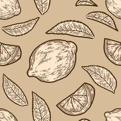 Set of whole lemon, slice and leaf. Seamless pattern. Sketch scratch board imitation. Beige color.