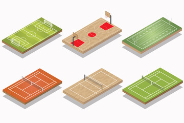 Vector set of sport field isometric. - soccer, basketball, american football, tennis, and volleyball field.
