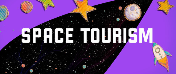 Space Tourism theme with space background with a rocket, moon, stars and planets