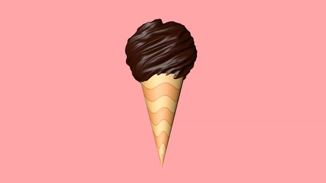 Rotating chocolate ice cream with waffle cone. Seamless loop 3D render animation.