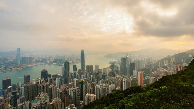 WS T/L Hong Kong Central skyline and traffic in Victoria Harbour seen from The Peak / Hong Kong, China
