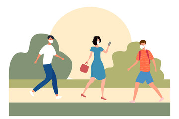 
Modern flat illustration of masked people on a city background. Male and female cartoon character in motion. Flat vector. Business concept Young beautiful woman holding a phone in her hand. 