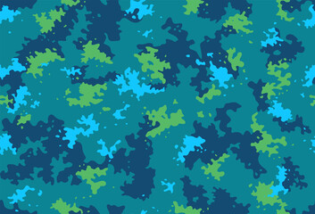 Seamless classic camouflage pattern. Camo fishing hunting vector background. Masking green blue color military texture wallpaper. Army design for fabric print