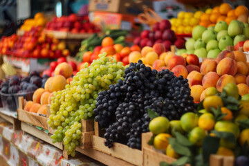 Fresh Fruits and vegetables are sold at the farmers market. Seasonal fruits: clusters of white and black grapes, peaches, tangerines, red and green apples. Selective and soft focus