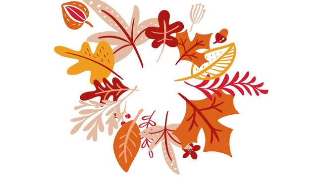 Calligraphy lettering animation text Hello Autumn. Background greeting card illustration with yellow leaves and pumpkin. Full HD Video footage