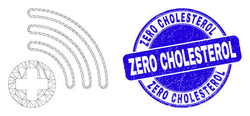 Web mesh medical source icon and Zero Cholesterol watermark. Blue vector rounded grunge watermark with Zero Cholesterol message. Abstract frame mesh polygonal model created from medical source icon.