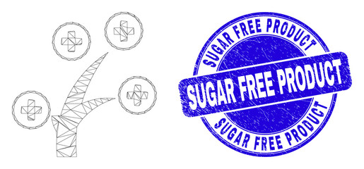 Web mesh medical tree icon and Sugar Free Product watermark. Blue vector round distress watermark with Sugar Free Product phrase. Abstract carcass mesh polygonal model created from medical tree icon.