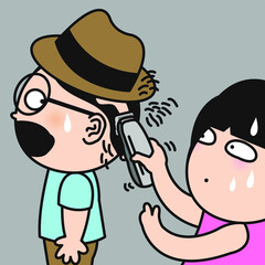 Wife Convinced Husband To Let Her Shave His Hair With Clipper. Quarantine Hair Shave Gone Wrong Concept Card Character illustration