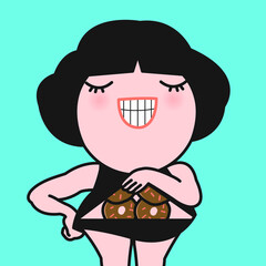 Young Cheerful Woman Lifting Her Shirt To Show Her Donut Shape Belly Pack. Appetite And Gluttony In Food Concept Card Character illustration