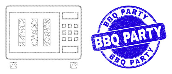 Obraz premium Web mesh microwave oven pictogram and BBQ Party seal stamp. Blue vector round distress seal with BBQ Party title. Abstract carcass mesh polygonal model created from microwave oven pictogram.