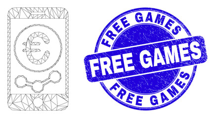 Obraz premium Web carcass mobile euro chart icon and Free Games watermark. Blue vector round distress seal stamp with Free Games phrase. Abstract carcass mesh polygonal model created from mobile euro chart icon.