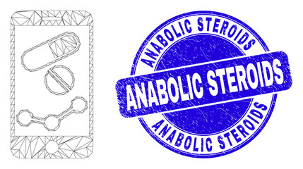 Web mesh mobile pharmacy chart icon and Anabolic Steroids seal stamp. Blue vector round textured seal stamp with Anabolic Steroids message.