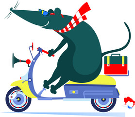 Funny rat or mouse rides on the scooter illustration. Cartoon rat or mouse rides on the scooter black on white