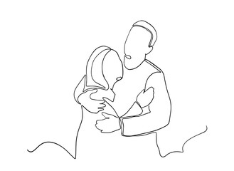 One line drawing, couple embrace. Lovers concept, vector illustration. Man and woman in love, and share their intimacy. Couple hugs vector illustration. Romantic continuous hand drawn sketch people.