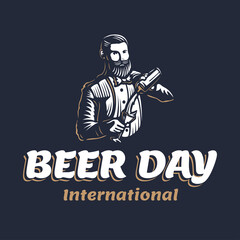 Bearded barmen with a shaker to International Beer Day. Vector illustration of barkeeper or bartender character silhouette at work on a black background in old engraved retro vintage style