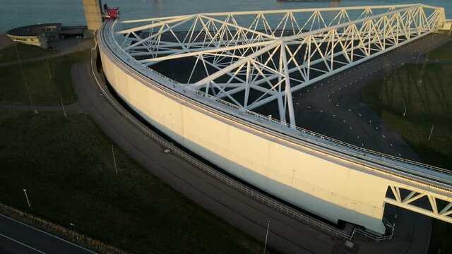 WS POV SLO MO TU Maeslantkering, part of Deltawerken system of flood barriers and dykes / Rotterdam, Zuid-Holland, Netherlands