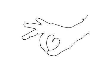 Continuous line of hand drawing showing a sign of love. Ok gesture continuous line. hand with heart. continuous line drawing of hand showing OK gesture in form of heart.