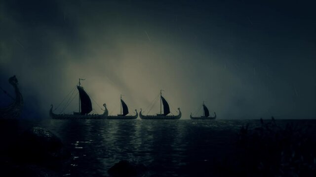 Fleet of Viking Ship Under a Lightning Storm